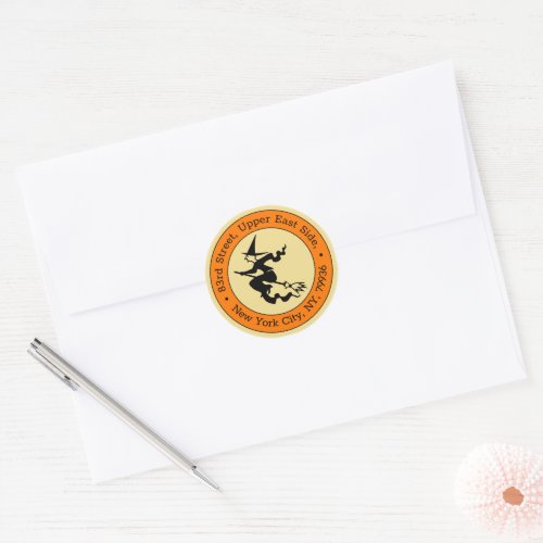 Spooky Black Flying Witch Halloween Return Address Classic Round Sticker