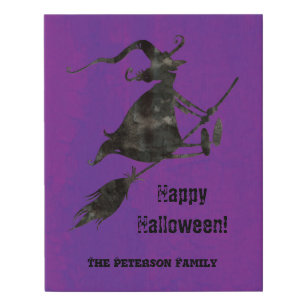 Spooky Black Flying Witch Monogram Halloween Faux Canvas Print