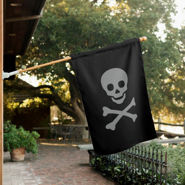Spooky black gray pirate skeleton skull Halloween House Flag (In SItu)