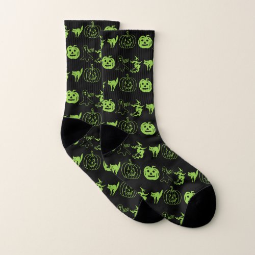 Spooky black green pumpkin cat ghost Halloween Socks