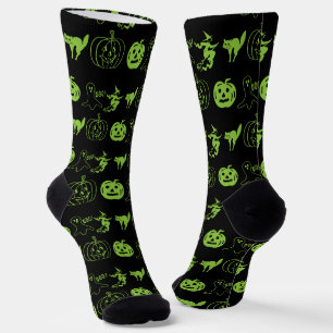 Spooky black green pumpkin cat ghost Halloween Socks