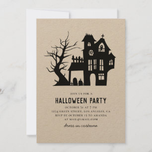 Spooky black haunted house. Halloween party rustic Invitation