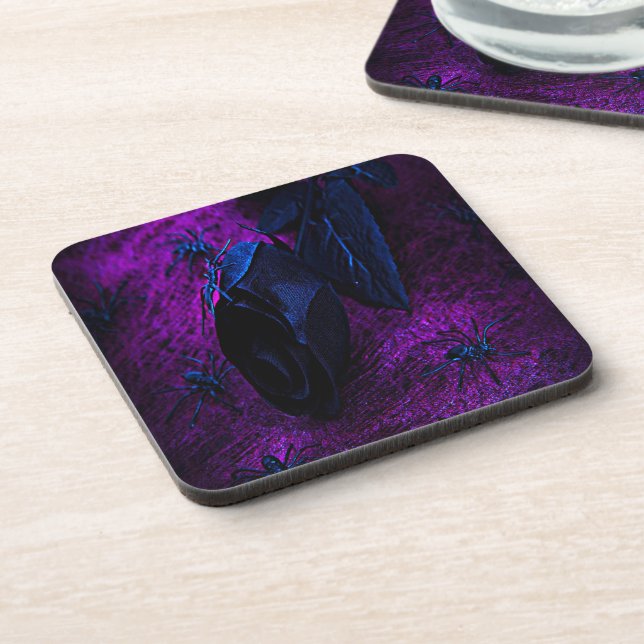 Spooky Black Material Rose, Black Spiders Drink Coaster (Left Side)