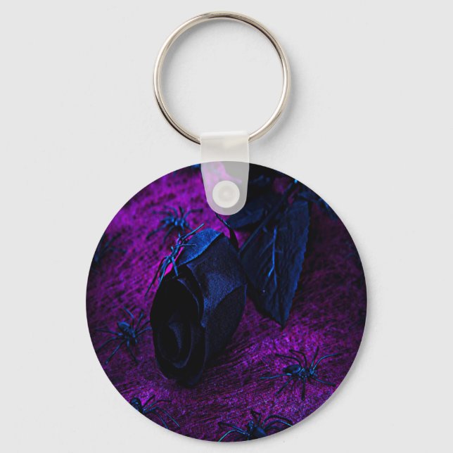 Spooky Black Material Rose, Black Spiders Keychain (Front)