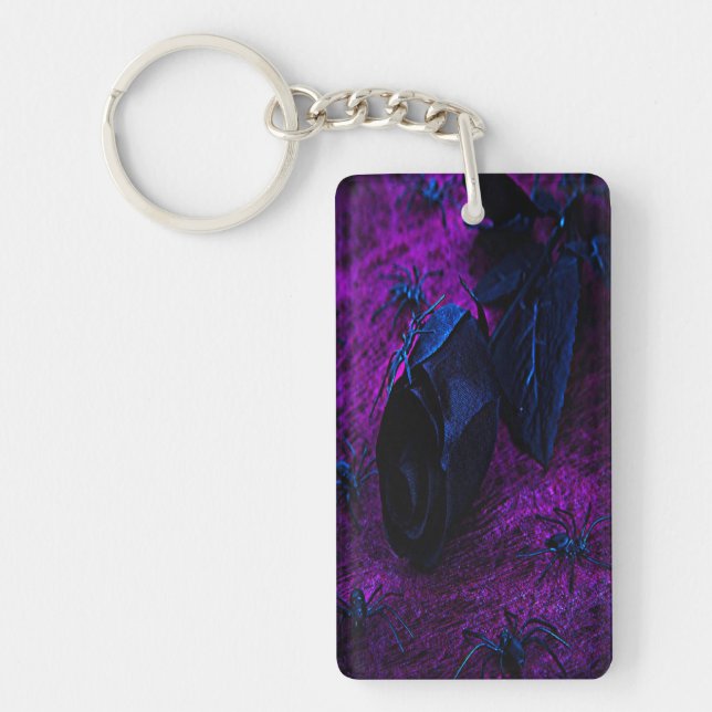 Spooky Black Material Rose, Black Spiders Keychain (Front)