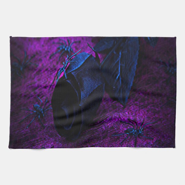 Spooky Black Material Rose, Black Spiders Kitchen Towel (Horizontal)