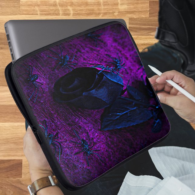 Spooky Black Material Rose, Black Spiders Laptop Sleeve (Spooky Black Material Rose, Black Spiders Laptop Sleeve)