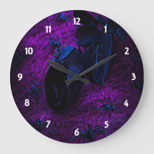Spooky Black Material Rose, Black Spiders Large Clock