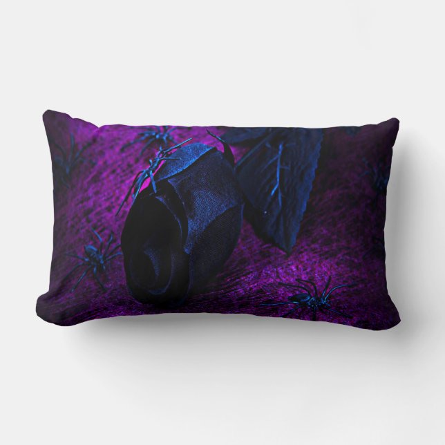 Spooky Black Material Rose, Black Spiders Lumbar Pillow (Front)