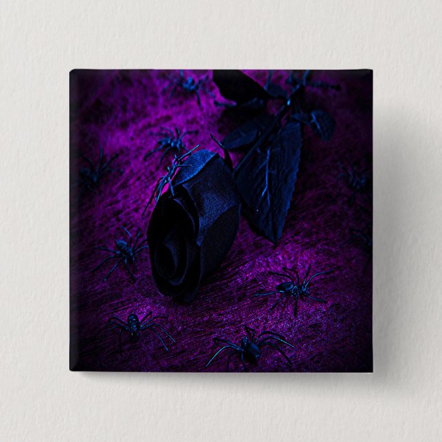 Spooky Black Material Rose, Black Spiders Pinback Button (Front)