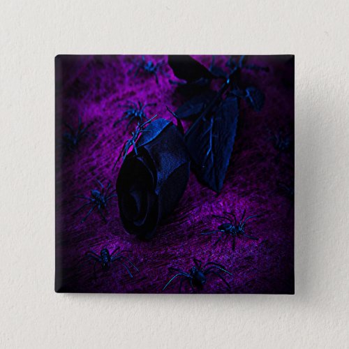 Spooky Black Material Rose Black Spiders Pinback Button