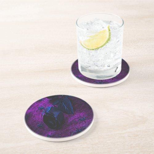 Spooky Black Material Rose Black Spiders Sandstone Coaster