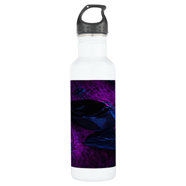 Spooky Black Material Rose, Black Spiders Water Bottle (Front)