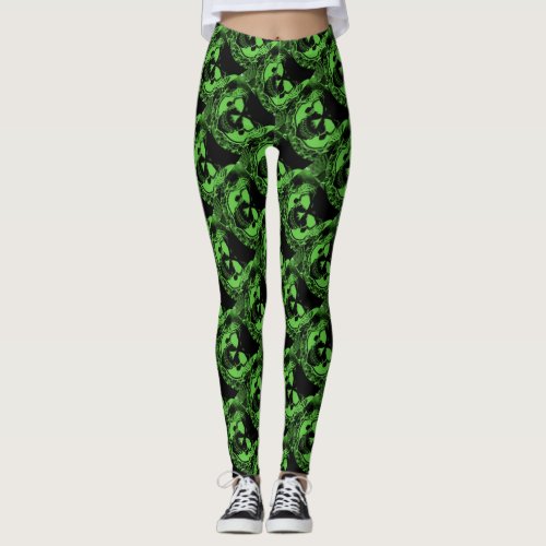 Spooky Black Neon Green  Skulls Halloween Leggings