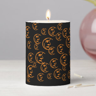 Spooky black orange moon face pattern Halloween Pillar Candle