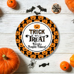 Spooky Black Orange Pumpkin Boy Halloween Birthday Classic Round Sticker<br><div class="desc">Add a spooky twist to your birthday favors with this spooky black and orange pumpkin favor sticker! It features a spooky orange pumpkin with the phrase "Trick or Treat" in an eerie Halloween typography on a black and orange background with spooky orange pumpkins. Perfect for adding a touch of spooky...</div>
