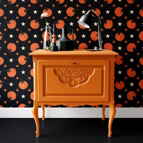 Spooky Black  Orange Pumpkin Stars Halloween Wallpaper