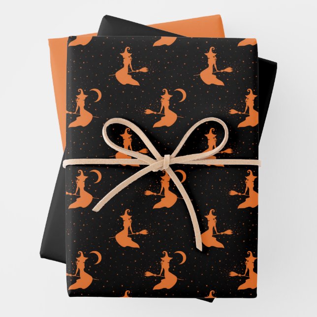Spooky Black & Orange Witch Wrapping Paper Set (In situ)