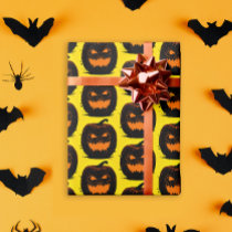 Spooky Black Pumpkins Yellow Halloween Pattern   Wrapping Paper