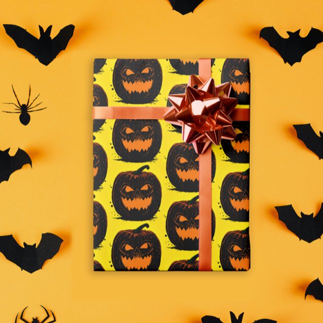Spooky Black Pumpkins Yellow Halloween Pattern   Wrapping Paper (Creator Uploaded)