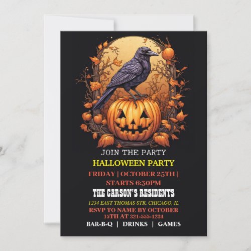 Spooky Black Raven Halloween Party Invitations