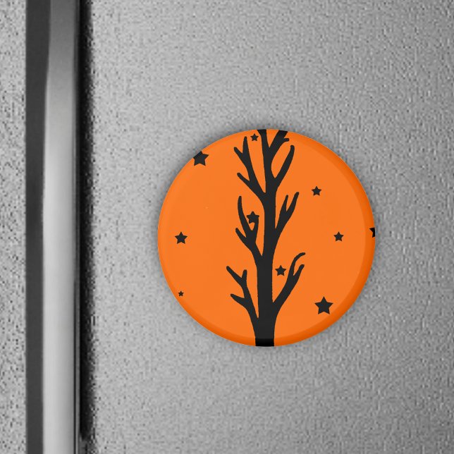 Spooky Black Silhouette Tree Magnet (Spooky barren black tree with black stars on bright orange round Halloween magnet.)