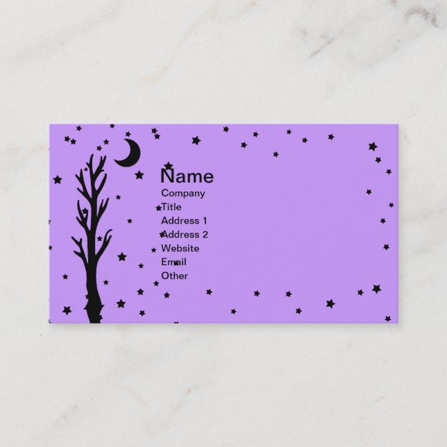 Spooky Black Tree Moon Stars Purple Business Card (Front)