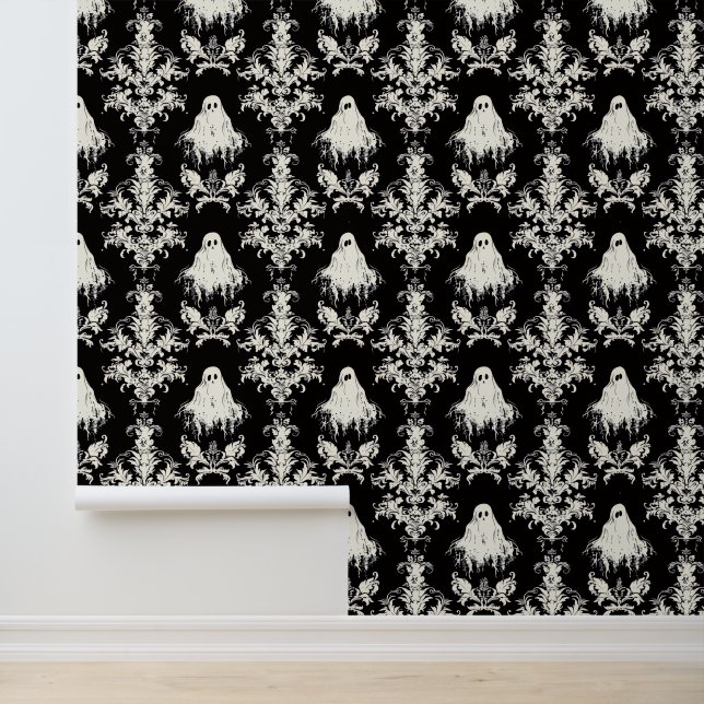 Spooky black white ghost damask wallpaper  (Application)