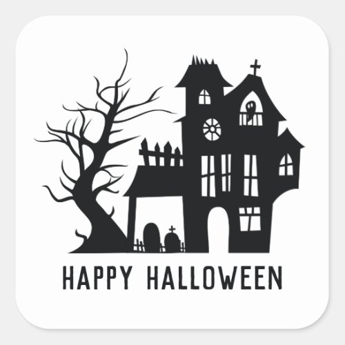 Spooky black white haunted house Happy Halloween Square Sticker