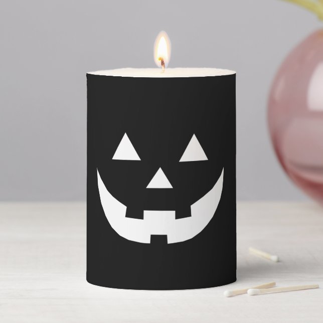 Spooky black white Jack o lantern face Halloween Pillar Candle (In Situ)