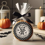 Spooky Black White Skeleton Boy Halloween Birthday Classic Round Sticker<br><div class="desc">Add a spooky twist to your birthday favors with this spooky black and white skeleton favor sticker! It features a playful yet eerie skeleton with the phrase "Thanks For A Bone Chilling Good Time!" on a black and white with skulls background. Perfect for adding a touch of Halloween fun to...</div>