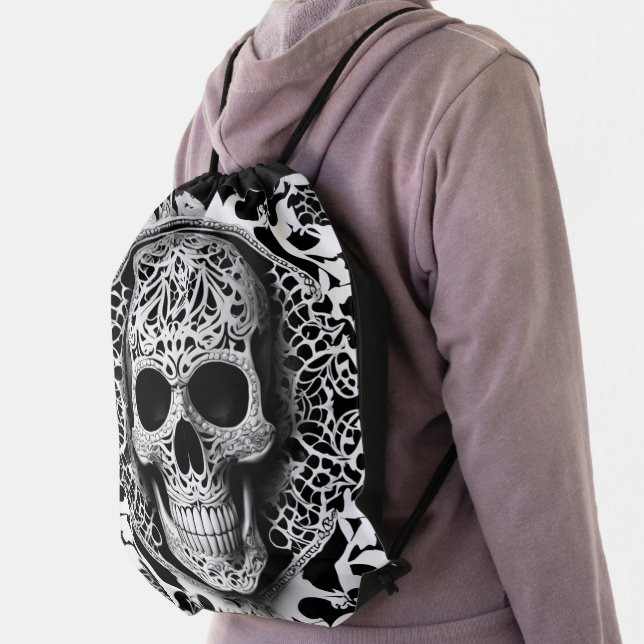 Spooky Black & White Smiling Lace Skull Drawstring Bag (Insitu)