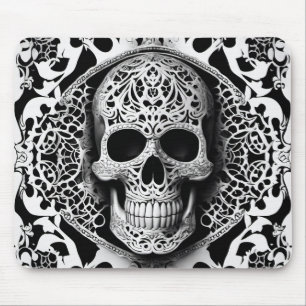Spooky Black & White Smiling Lace Skull Mouse Pad