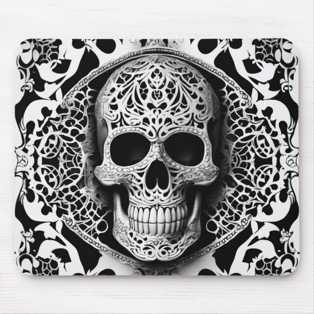 Spooky Black & White Smiling Lace Skull Mouse Pad (Front)