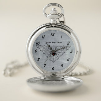 Spooky Black Widow Spider Red Hourglass in Web Pocket Watch