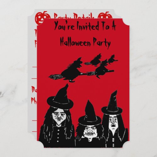 spooky black witches scary halloween invitation