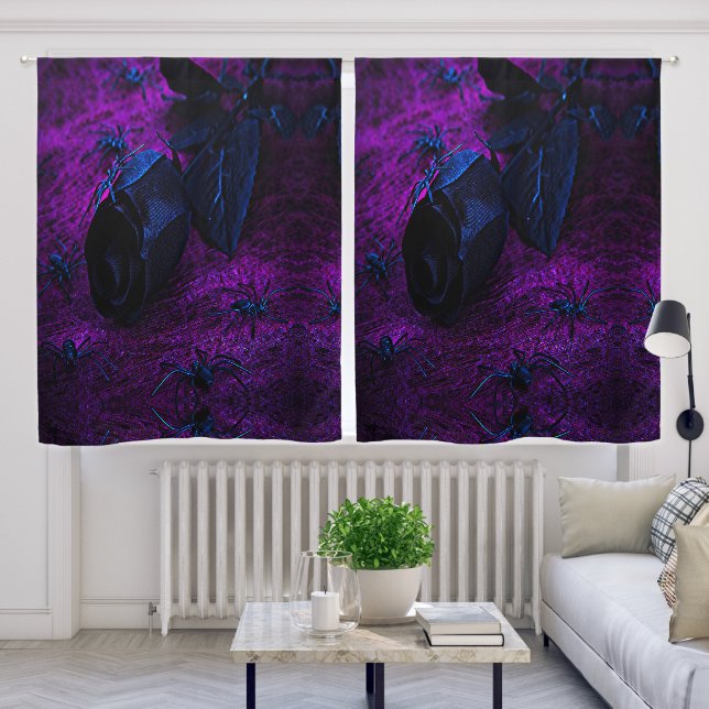 Spooky Blackish Blue Rose Black Spiders on Purple  Blackout Curtains (Living Room)