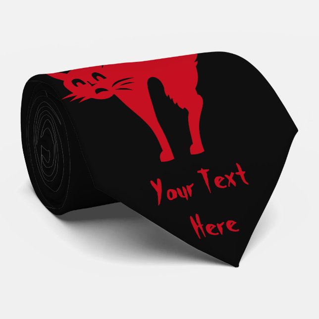 spooky blood red cat halloween fun design neck tie (Rolled)