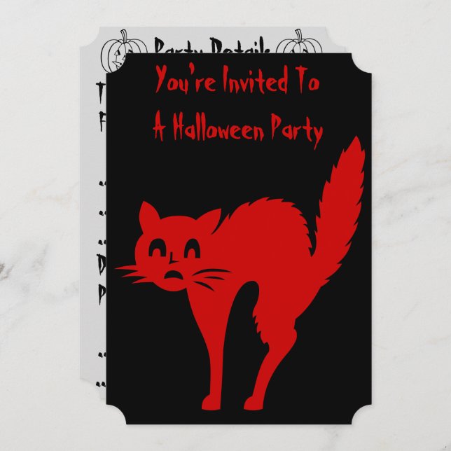 spooky blood red cat halloween party invitations (Front/Back)