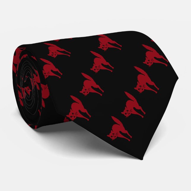 spooky blood red frightened  cat halloween neck tie (Rolled)
