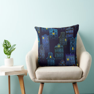 SPOOKY BLUE NIGHTTIME CITY SCENE WITH WITCHES THROW PILLOW