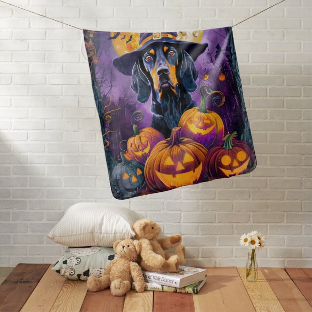 Spooky Bluetick Coonhound Halloween Witch Pumpkin Baby Blanket (In Situ)
