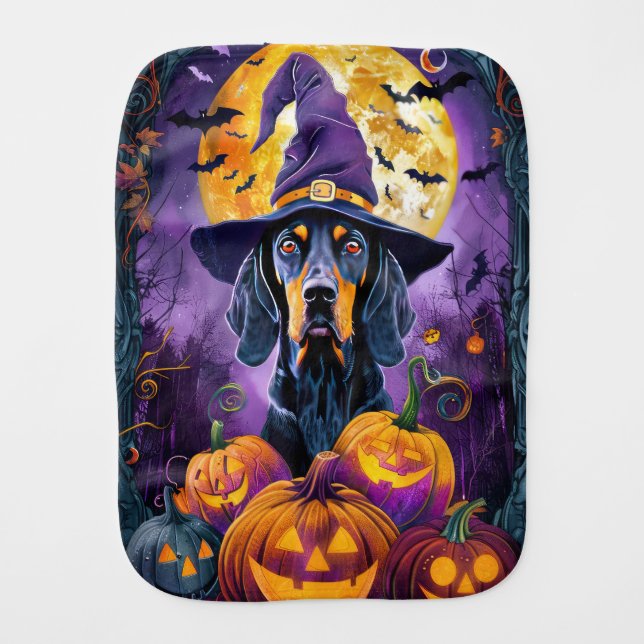 Spooky Bluetick Coonhound Halloween Witch Pumpkin Baby Burp Cloth (Front)