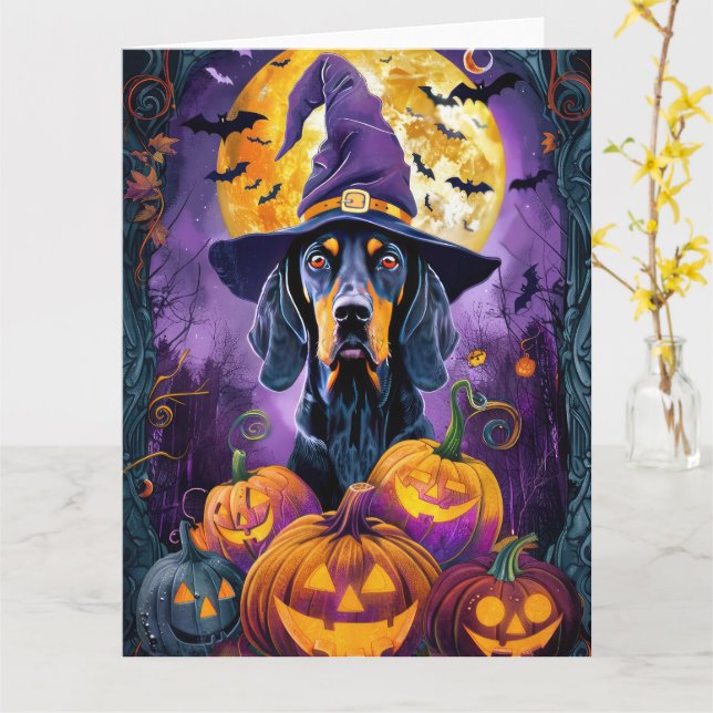 Spooky Bluetick Coonhound Halloween Witch Pumpkin Card (Yellow Flower)