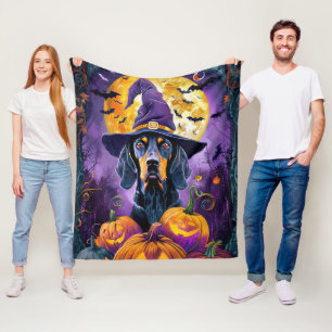 Spooky Bluetick Coonhound Halloween Witch Pumpkin Fleece Blanket