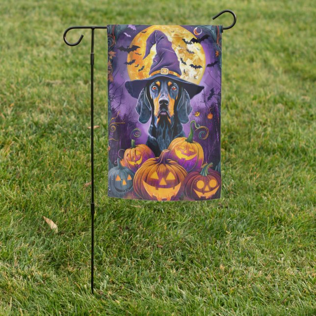 Spooky Bluetick Coonhound Halloween Witch Pumpkin Garden Flag (In SItu)