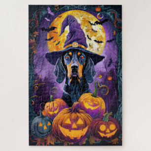 Spooky Bluetick Coonhound Halloween Witch Pumpkin Jigsaw Puzzle