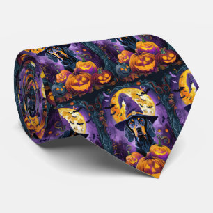 Spooky Bluetick Coonhound Halloween Witch Pumpkin Neck Tie
