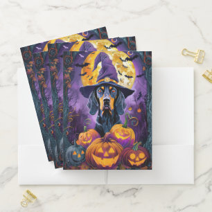 Spooky Bluetick Coonhound Halloween Witch Pumpkin Pocket Folder