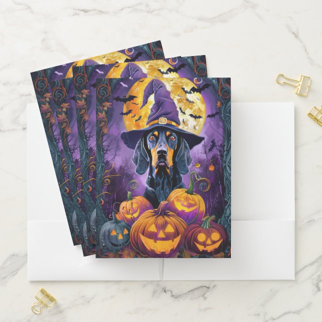 Spooky Bluetick Coonhound Halloween Witch Pumpkin Pocket Folder (In Situ)